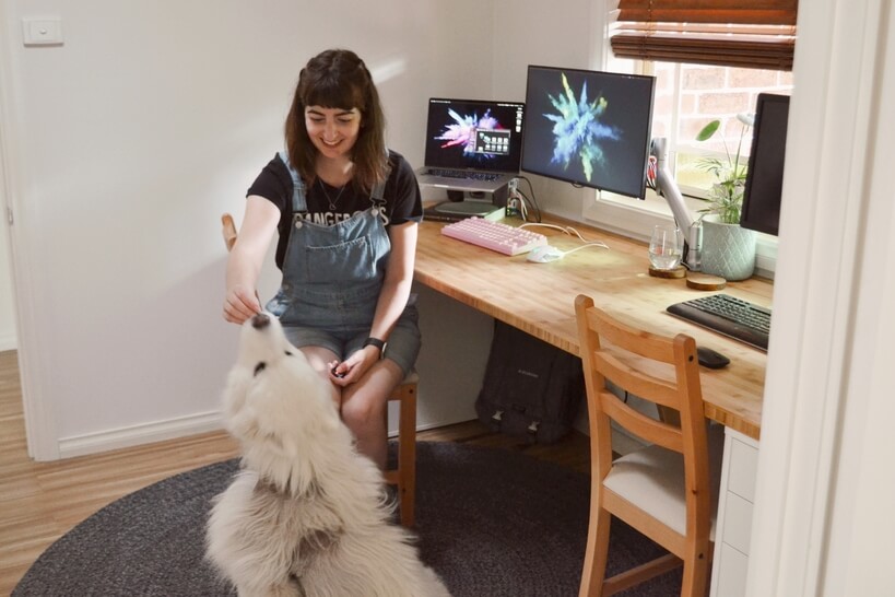 Taryn at her desk giving her big fluffy dog a treat